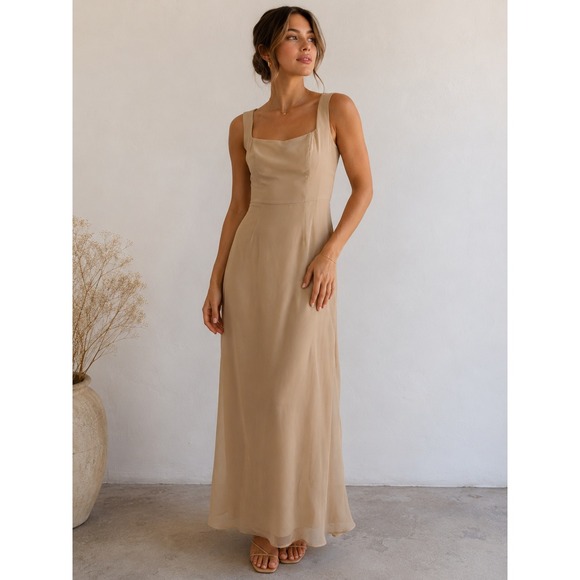 Azazie Dresses & Skirts - Azazie Champagne Tan Square Neck Keyhole Back Maxi Bridesmaid Dress A0